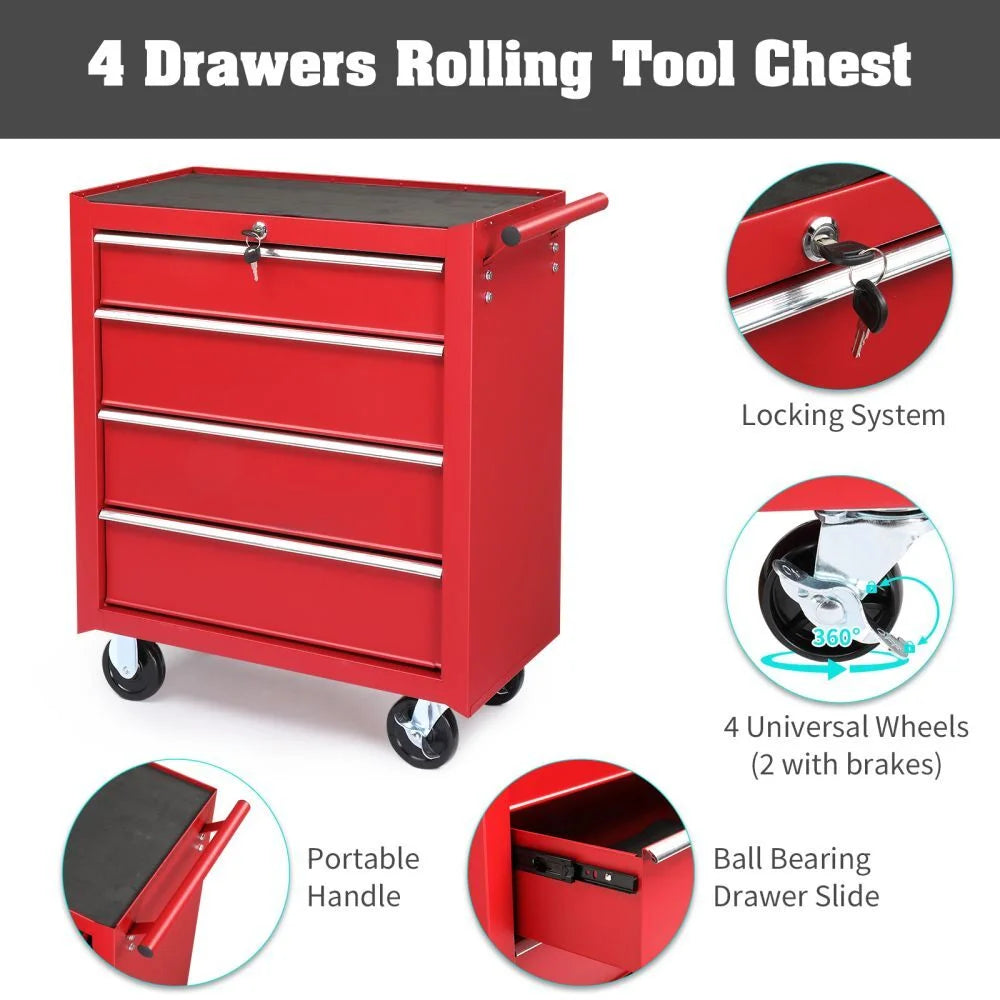 IVV 4-Drawer Rolling Tool Chest w/Lock & Key, Tool Storage Cabinet with Universal Wheels, Anti-Scratch Liners, Tool Organizer Box for Garage, Warehouse & Repair Shop, Red