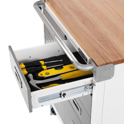Seville Classics UltraHD Heavy Duty Rolling Cabinet Workbench Table w/Solid Wood Top, Workstation for Garage, Office, Workshop, White, 1-Door, 4-Drawer (28" W x 25" D)