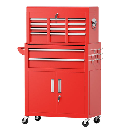 2-IN-1 Tool Chest & Cabinet, Large Capacity 8-Drawer Rolling Tool Box Organizer with Wheels Lockable, Red
