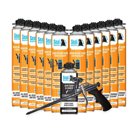 Seal Spray Window and Door Foam No Warp One Component Polyurethane Gun Foam Sealant (12/23.2oz Cans) with Seal Spray 15" Seal Spray Gun and 1 Can of 16.9oz Seal Spray Cleaner