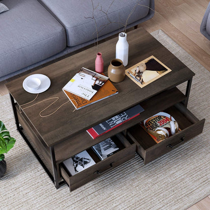 Homfa 43" Coffee Table with Storage Drawers, Wooden TV Stand Center Table for Living Room, Dark Brown