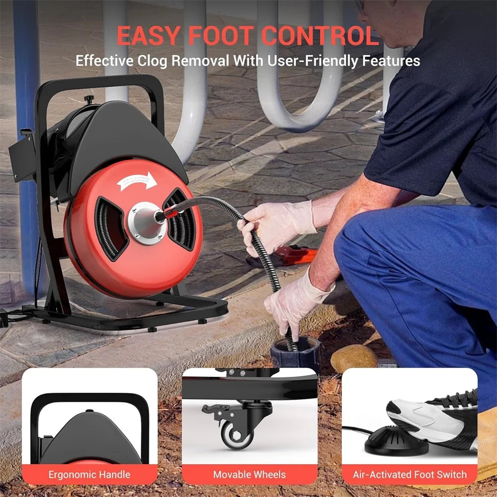 50FTx1/2 Inch Drain Cleaner Machine, Sewer Snake Electric Drain for 2" to 4" Pipes, Plumbing Snake Auger Cleaner with Wheels & 4 Cutter & Foot Switch for Sewer, Sink, Toilet, Bathroom and Shower