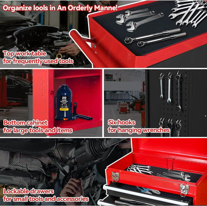 HPDAVV Detachable 3 Drawer Tool Chest Large Storage Cabinet and Adjustable Shelf Red