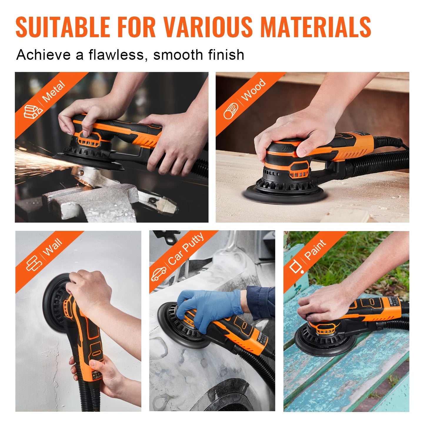 KFFKFF Dual-Size Orbital Sander,5 & 6-Inch,350W Brushless,10,000 PRM with 6 Adjustable Speeds, Electric Hand Sander.Comes with 20 Sandpapers,Dust Connector & Hose. Ideal for Detailed Woodwork Sanding