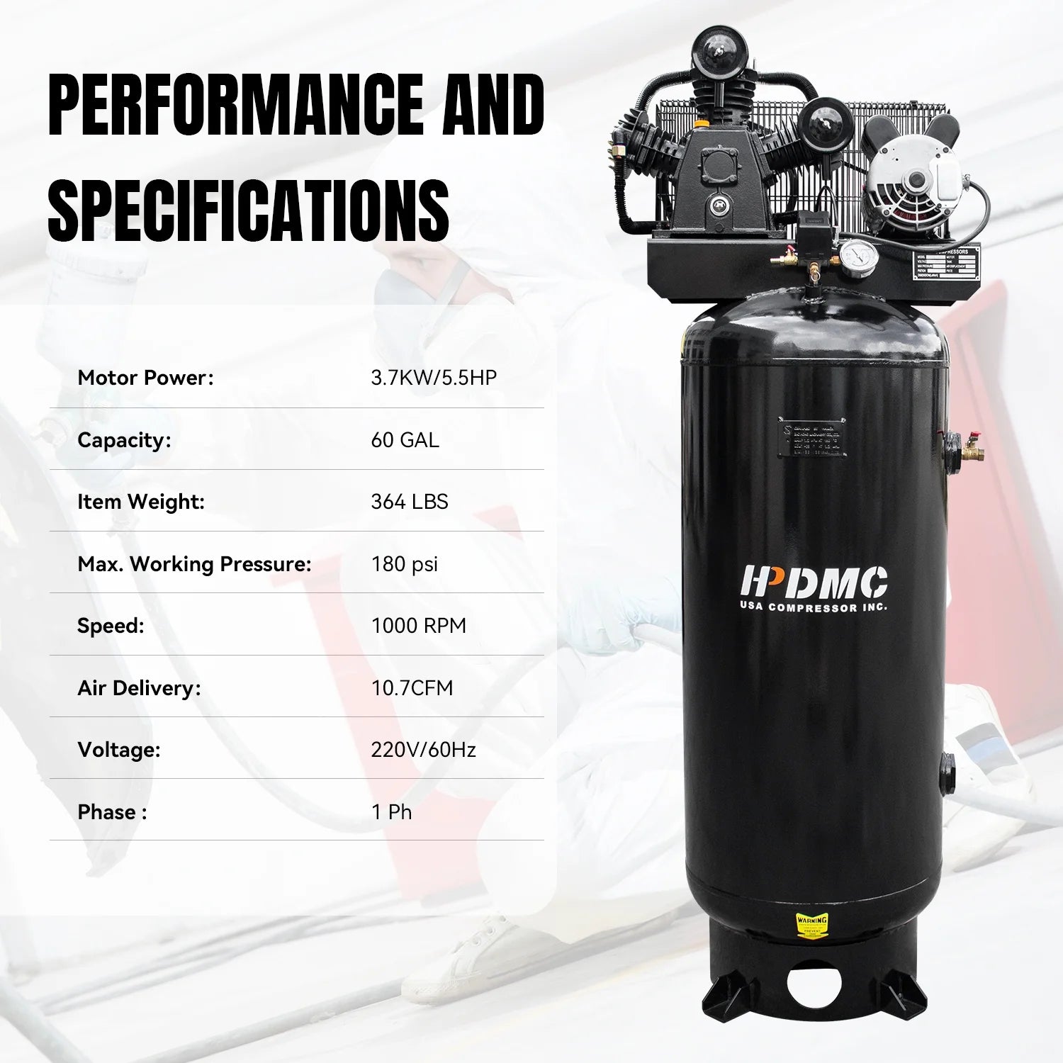 HPDMC 5.5HP Piston Air Compressor 220V/1Ph 60-Gallon Vertical ASME Tank 10.7CFM Max. Pressure 180psi Two-Stage Electric Stationary Air Compressor