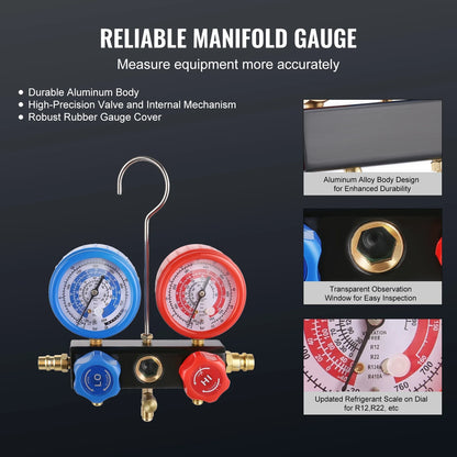VEVOR 1/4 HP 4.5 CFM AC Vacuum Pump and Gauge Set, Single Stage Rotary Vane HVAC Air Vacuum Pump A/C?RefrigerantKit Manifold Gauge Set, with Three-Color Hose Carry Bag, Applicable to R134a, R410a