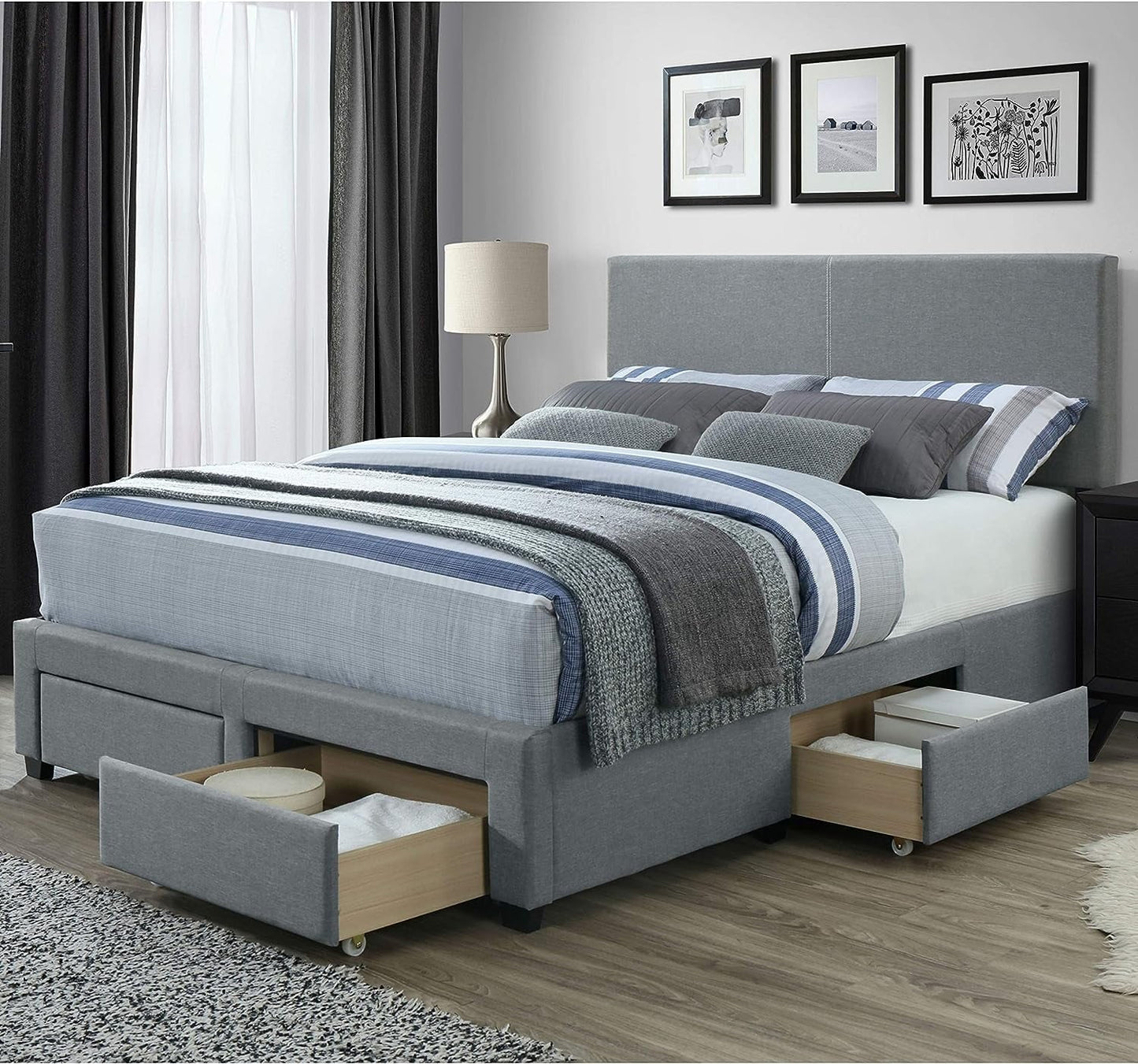 DG Casa Kelly Upholstered Panel Bed Frame with Storage, Queen Size, Gray