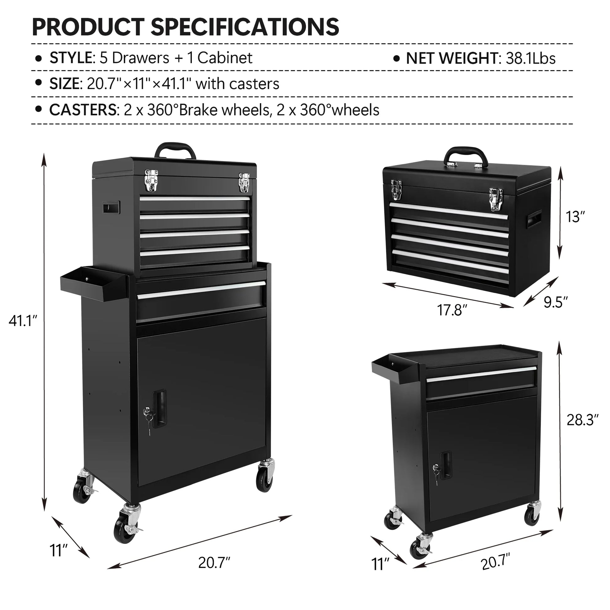 5-Drawer Rolling Tool Chest, High Capacity Tool Storage Cabinet W/Lockable Wheels