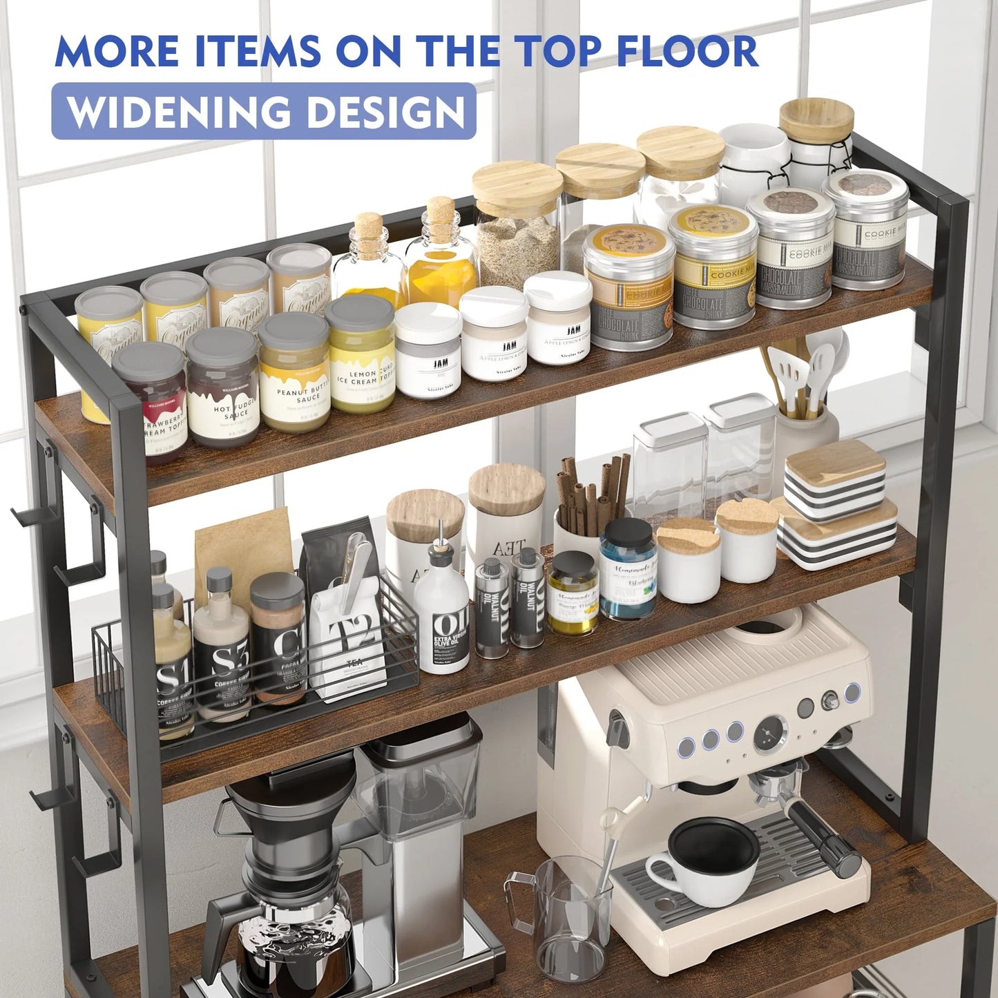 EnHomee 6 Tier Kitchen Bakers Rack Microwave Oven Stand with Storage Coffee Bar with Shelves Cabinet Hooks, 29.5" W * 13.9" D * 63" H Rustic Brown