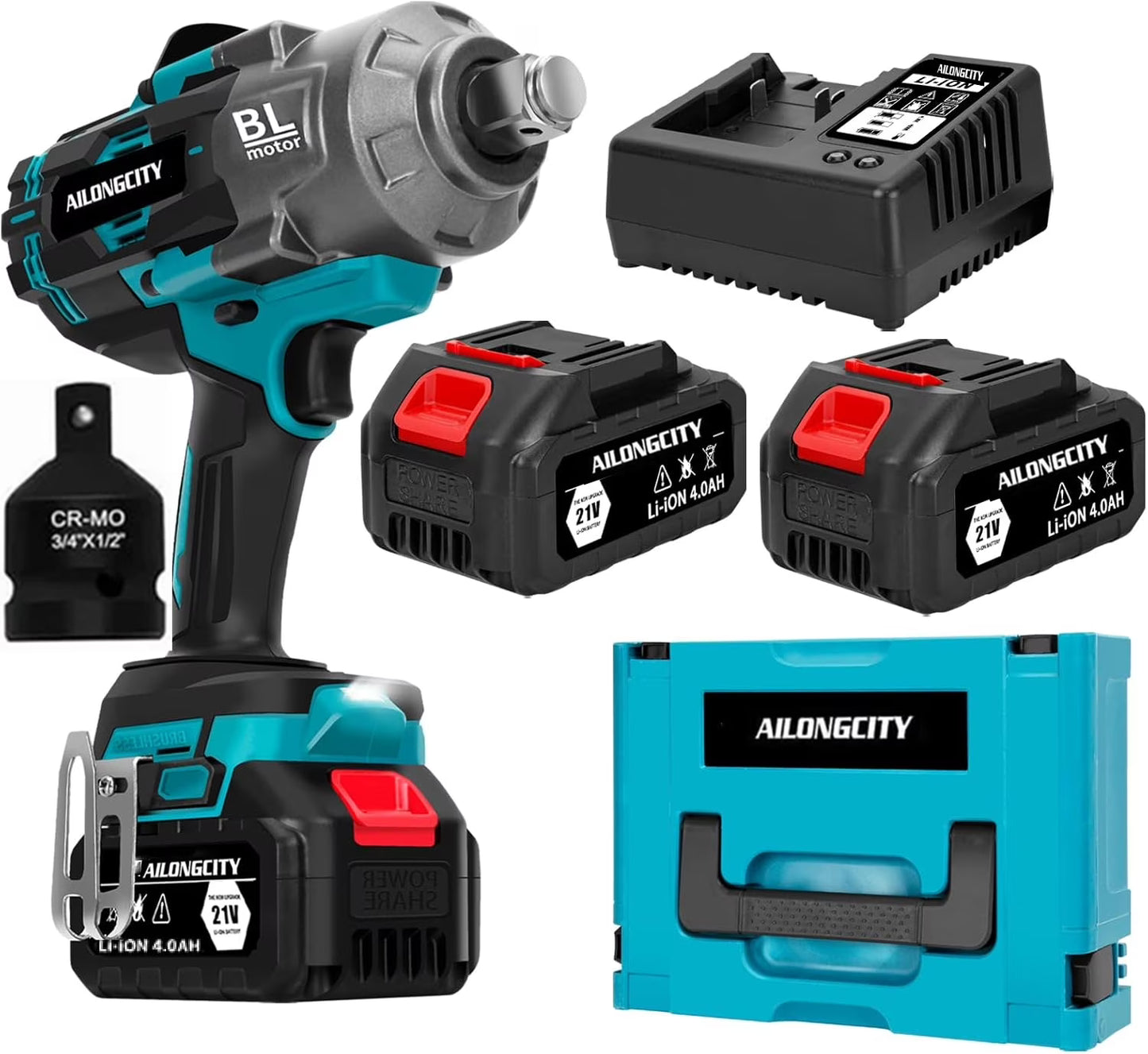 2000Nm(1500ft-lbs) Cordless Impact Wrench,3/4 inch High Torque Brushless Impact Gun, 5500RPM Power Batt ery Impact Wrench w/2 x 4.0Ah Bat tery, Fast Charger for Heavy Duty Truck Mower