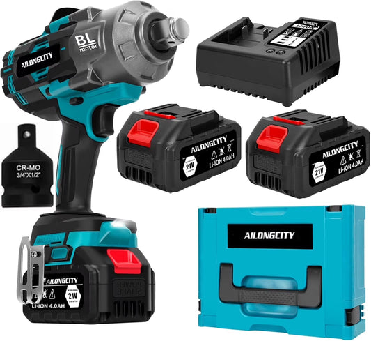 2000Nm(1500ft-lbs) Cordless Impact Wrench,3/4 inch High Torque Brushless Impact Gun, 5500RPM Power Batt ery Impact Wrench w/2 x 4.0Ah Bat tery, Fast Charger for Heavy Duty Truck Mower