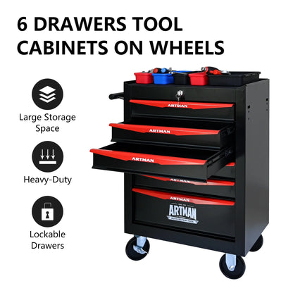 20" Rolling Metal Tool Chest with 6 Drawers, Ball Bearing Slides, Steel Tool Storage Organizer, Black & Red