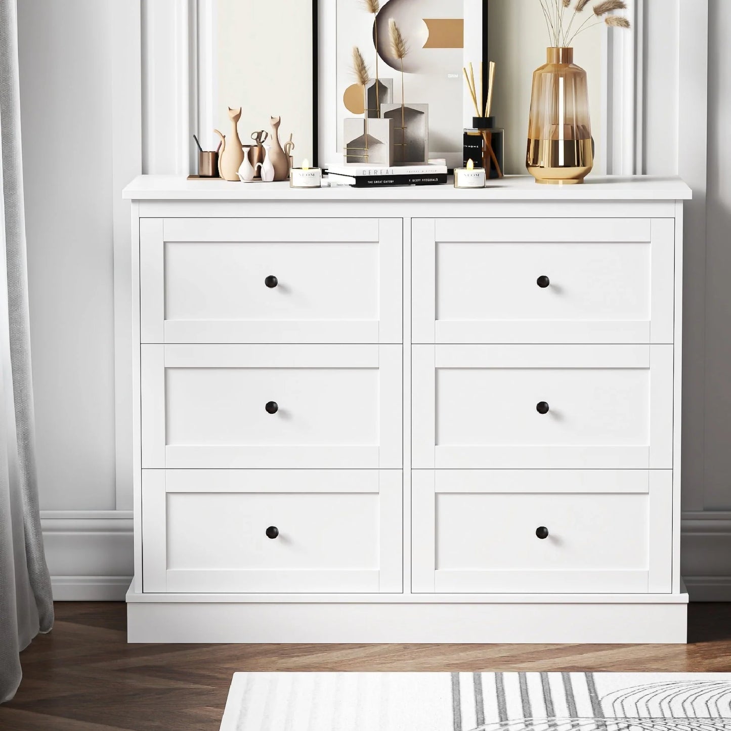 Homfa 6 Drawer Double Dresser White, Wood Storage Cabinet for Living Room, Chest of Drawers for Bedroom