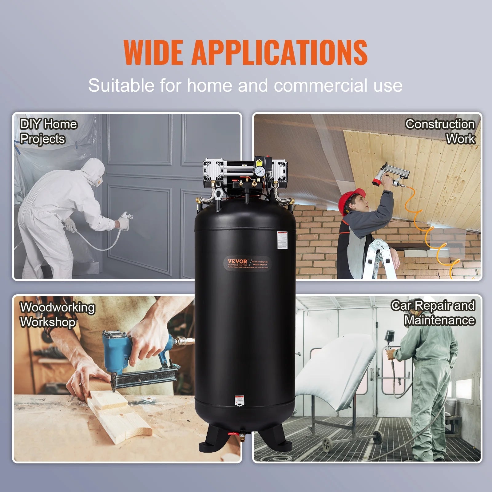 VEVOR 80 Gallon Compressor, 6.5HP, 15.5SCFM@90 PSI, Dual-Stage 145PSI, Oil-Free, 86dB Quiet Operation, Ideal for Manufacturing, Construction, Auto Repair