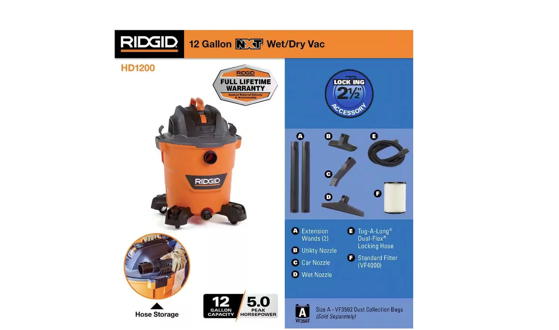 RIDGID 12 Gallon 5.0 Peak HP NXT Wet/Dry Shop Vacuum with Filter, Locking Hose and Accessories