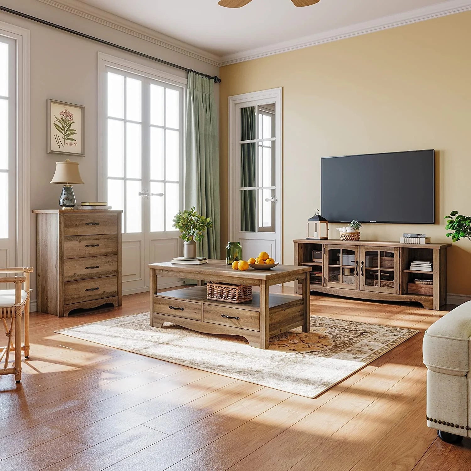 LINSY HOME Farmhouse Coffee Table with Storage, Wood Coffee Table for Living Room, Open Display Area and Storage Drawers with Metal Handles, Chic Style with Curved Base, Brown