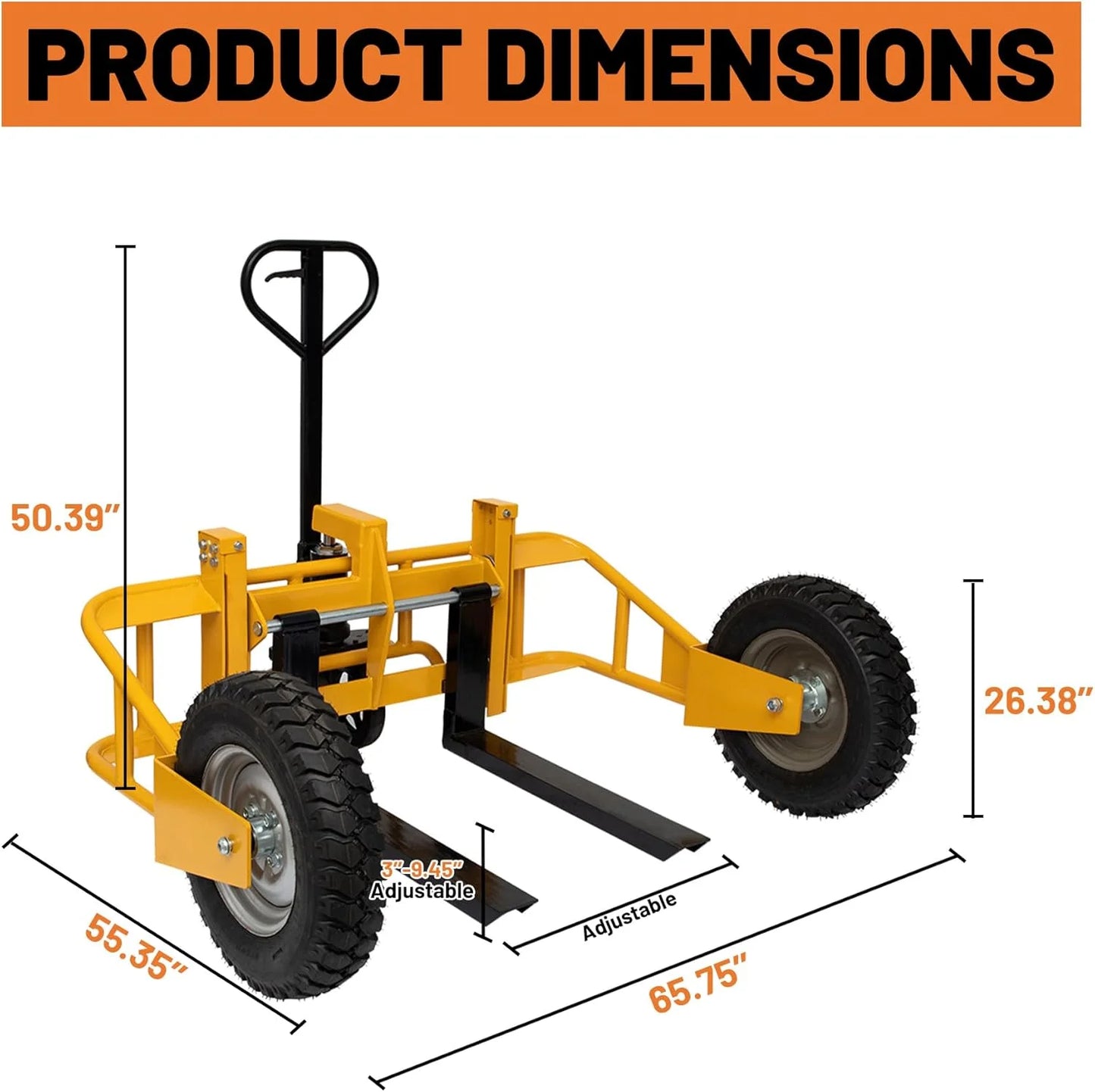 All Terrain Manual Pallet Jack with Guardrail, Heavy Duty Pallet Truck 2500 lbs Load Capacity, 3-Function Hand Control Manual Pallet Truck, Adjustable Width Forks, 65.75"W x 55.35"D x 50.39"H