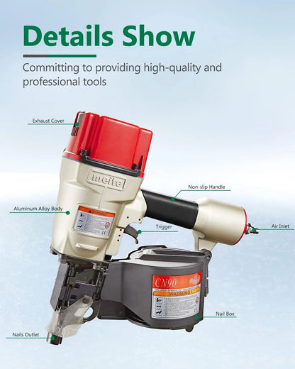 MEITE CN90 Industrial Coil Siding Nailer 15 Degree 2-1/4" to 3-1/2" Pneumatic Coil Nail Gun with Aluminum Housing