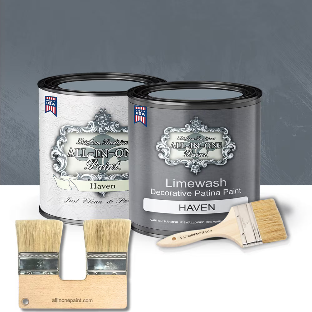 ALL-IN-ONE Limewash Paint, 2 Quart Paint Bundle and Tool Kit - Faux Lime Wash Effect, Matte Suede Wall Treatment - Haven (heathered, muted blue)
