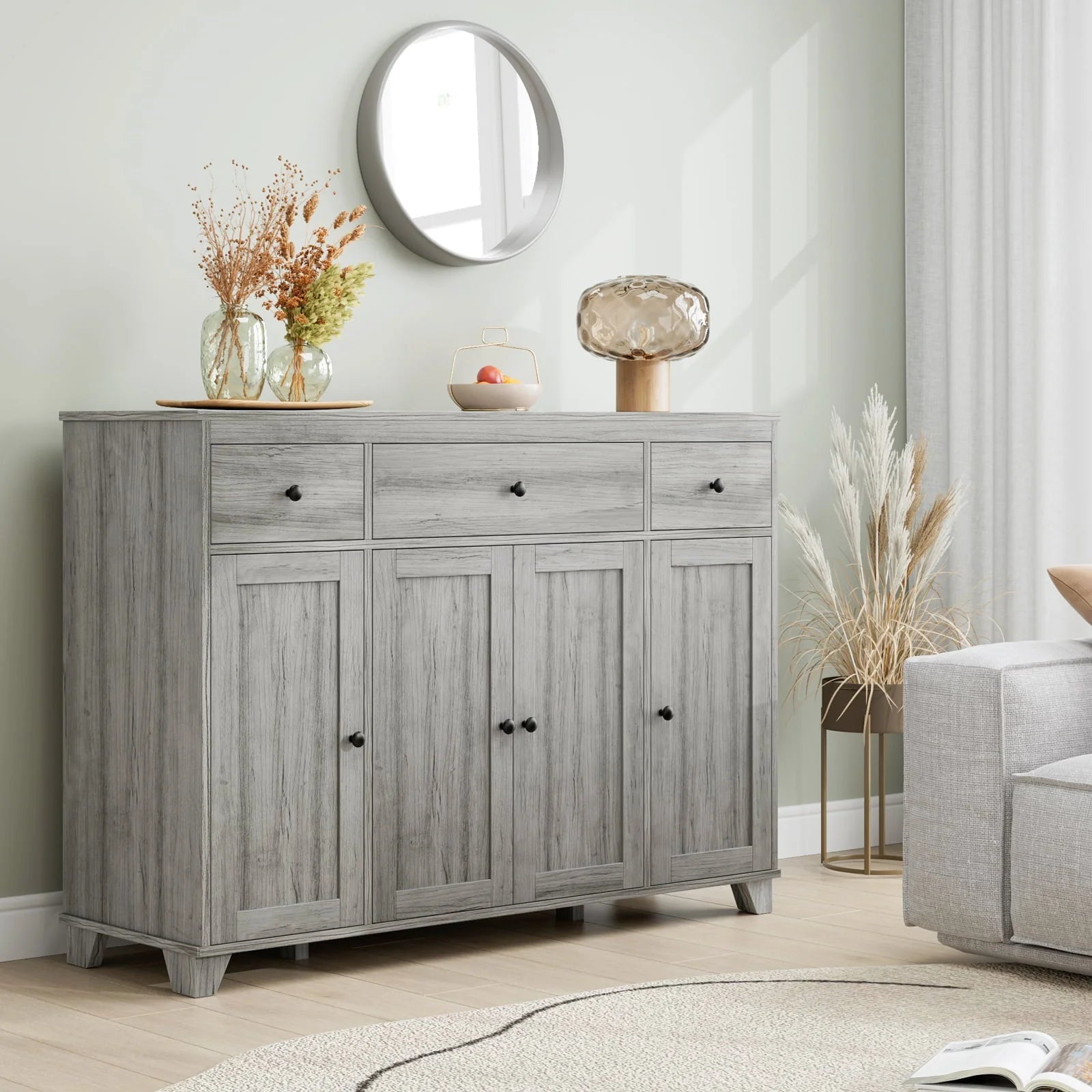 Homfa Buffet Sideboard, Wooden Storage Cabinet with Drawers & Doors, Wide Buffet Cabinet for Dining Room, Gray