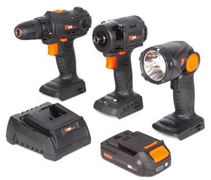 WEN 20V Max Cordless Drill, Brushless Compact Impact Driver, and LED Torch Flashlight Combo Kit w/2Ah Battery and Charger (20VK3DDL)