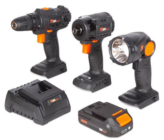 WEN 20V Max Cordless Drill, Brushless Compact Impact Driver, and LED Torch Flashlight Combo Kit w/2Ah Battery and Charger (20VK3DDL)