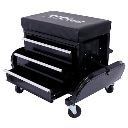 350-Pound Capacity Garage Glider Rolling Tool Chest SeatMechanics Roller Seat with 3 Drawers, Rolling Tool Chest Garage Chair, Toolbox on Wheels Mechanics Seat