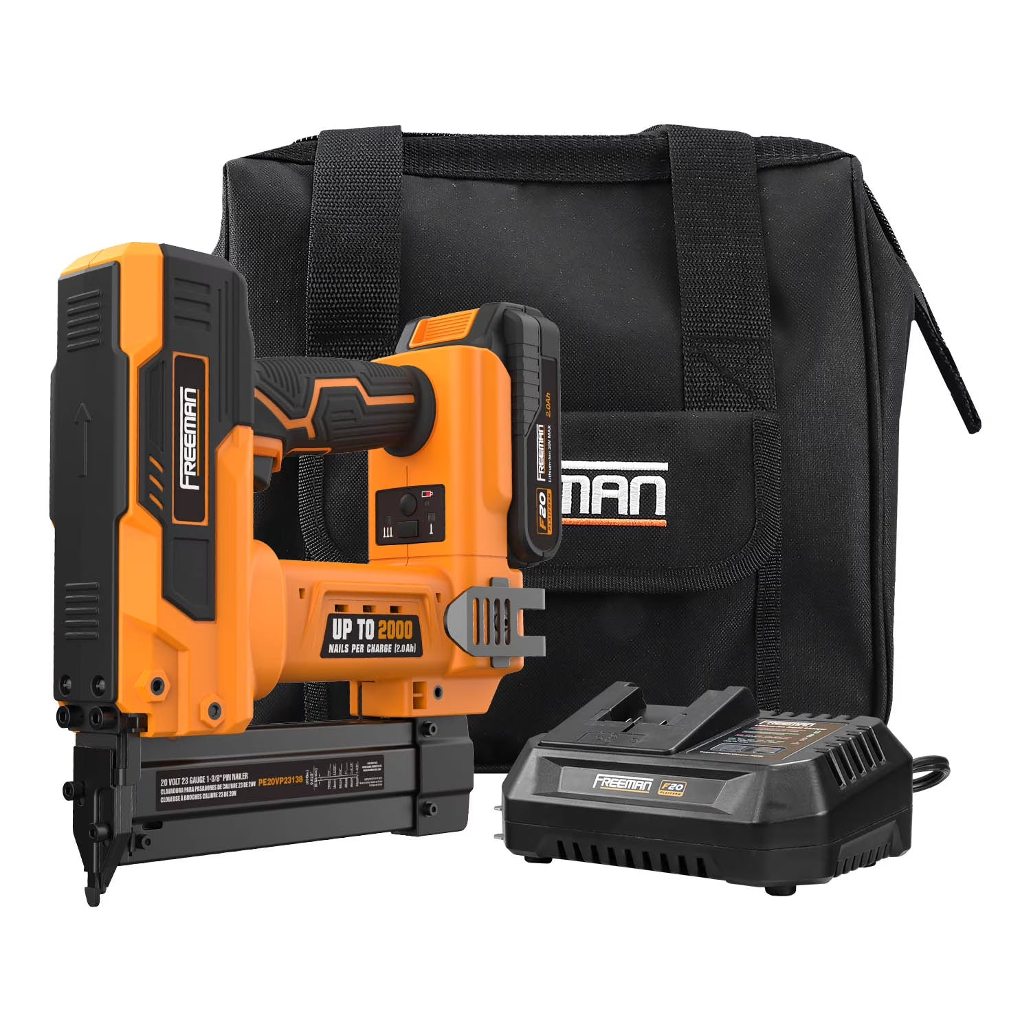 Freeman PE20VP23138 20 Volt Cordless 23-Gauge 1-3/8" Pin Nailer Kit with Lithium Ion Battery, Charger, Bag, and Nails (1000 Count) - 2000 Shots per Charge