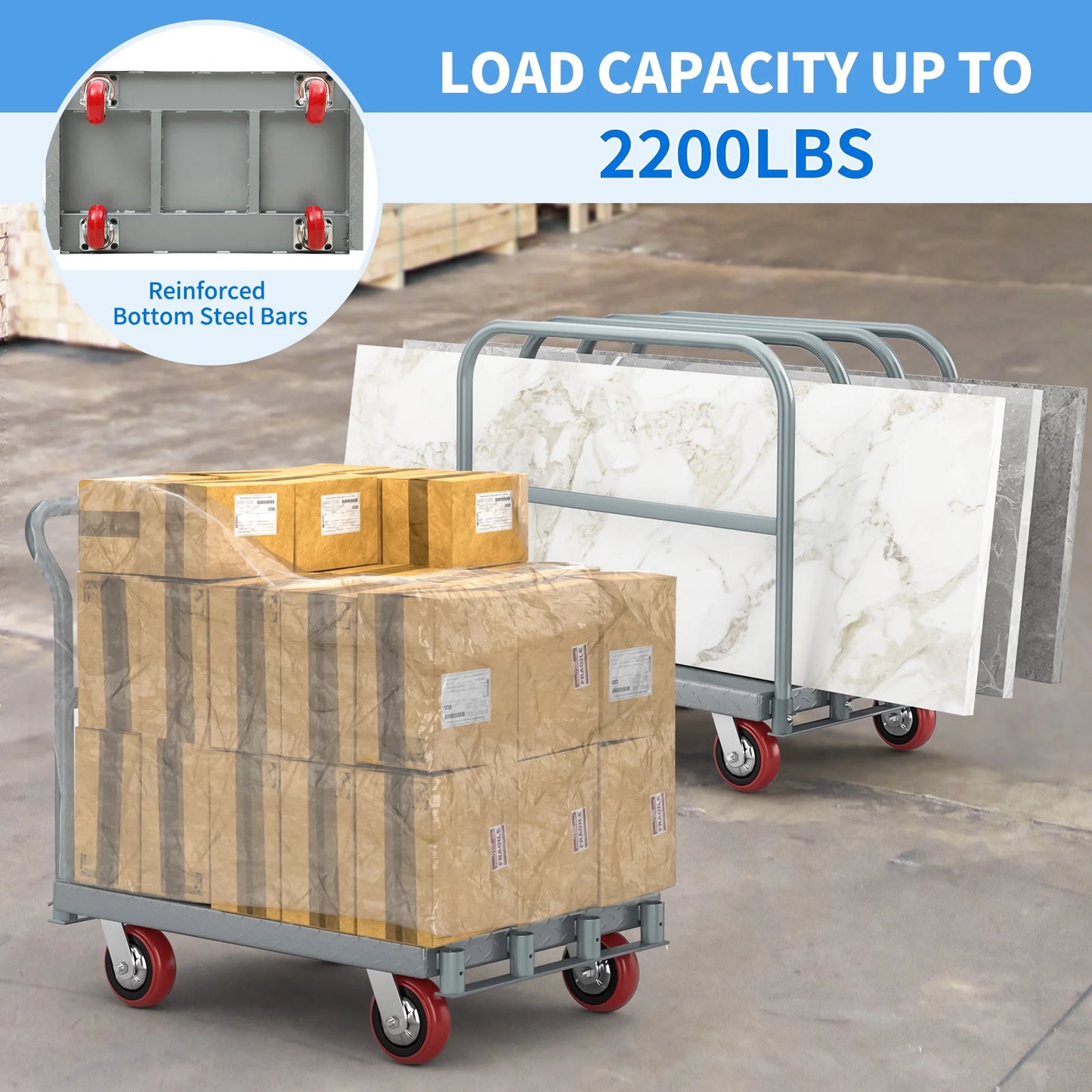 Dextrus 2-in-1 Heavy-Duty Platform Truck, 2200 lbs Capacity, Steel Panel with 4 Side Rails and 5" Rubber Swivel Wheels