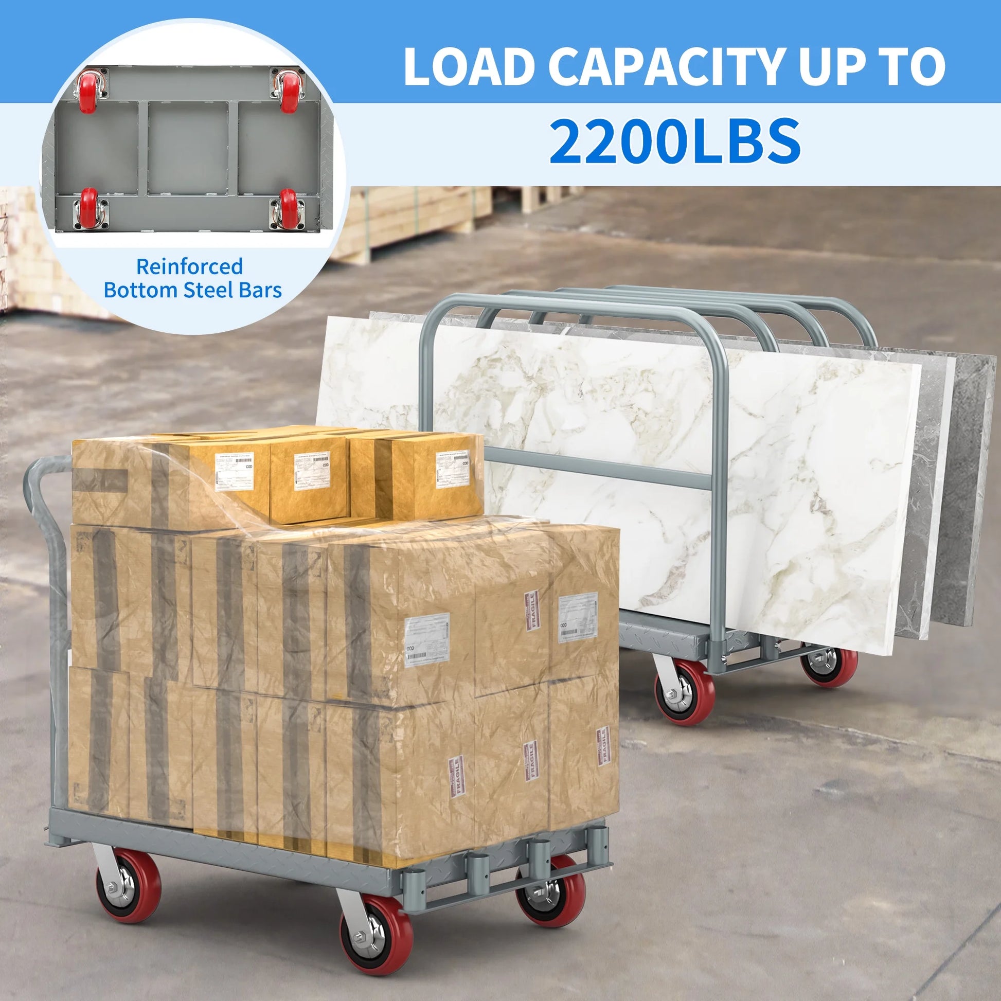 Dextrus 2-in-1 Heavy-Duty Platform Truck, 2200 lbs Capacity, Steel Panel with 4 Side Rails and 5" Rubber Swivel Wheels