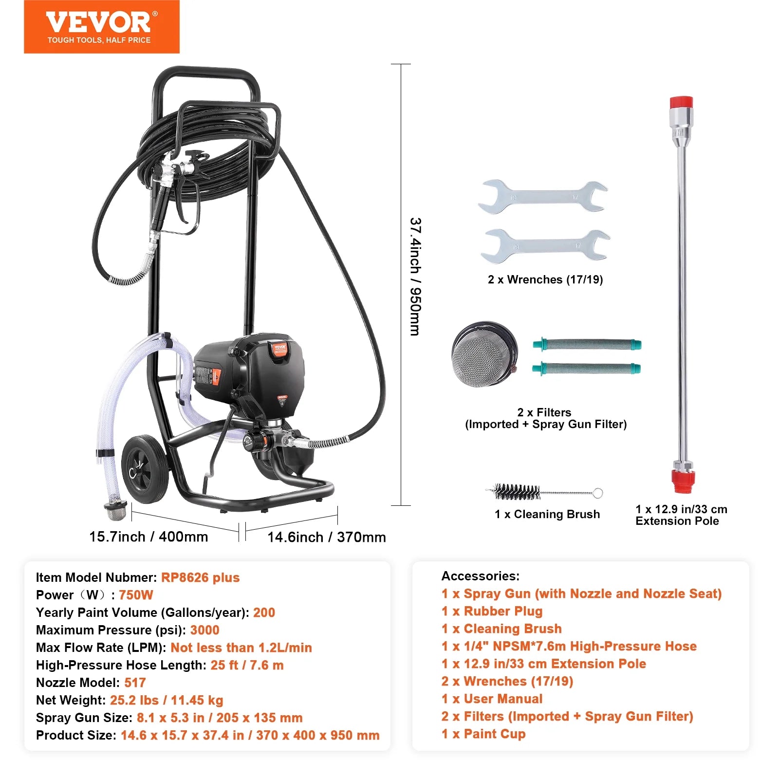VEVOR 750W Stand Airless Paint Sprayer, 3000PSI High Efficiency Electric Airless Sprayer With Cart, Paint Sprayers for Home Interior and Exterior Furniture and Fences, Fine And Even Painting Effect