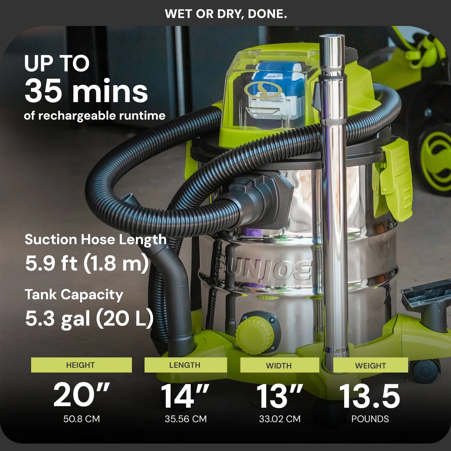 Sun Joe 24V Cordless Stainless Steel Wet or Dry Vacuum Kit, 5.3 Gallon, Green, 24V-WDV6000