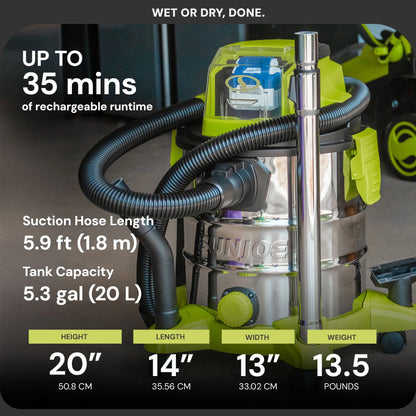 Sun Joe 24V Cordless Stainless Steel Wet or Dry Vacuum Kit, 5.3 Gallon, Green, 24V-WDV6000