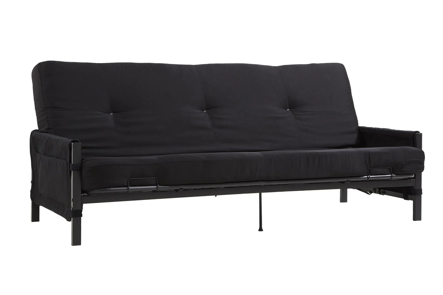 DHP Fairview Futon Set with Black Metal Frame, 6" Mattress and Storage Pockets, Black