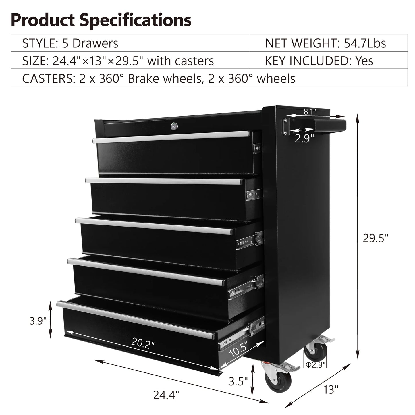 POVANLI 5 Drawers Rolling Tool Chest Cabinet with Wheels, Tool Storage Cabinet and Tool Box Organizer for Garage Warehouse Workshop, Black