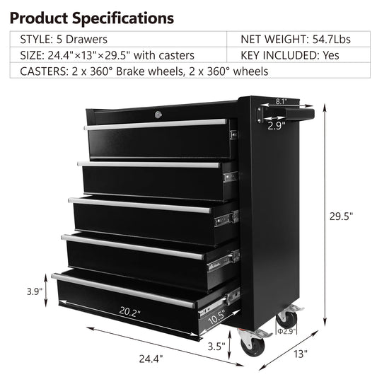 POVANLI 5 Drawers Rolling Tool Chest Cabinet with Wheels, Tool Storage Cabinet and Tool Box Organizer for Garage Warehouse Workshop, Black