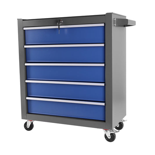 Lockable Rolling Tool Chest with 5 Storage Drawers, Portable Metal Tool Box Cart with Wheels and Locking System, Tool Trolley Organizer for Garage, Warehouse, Workshop, Blue and Grey