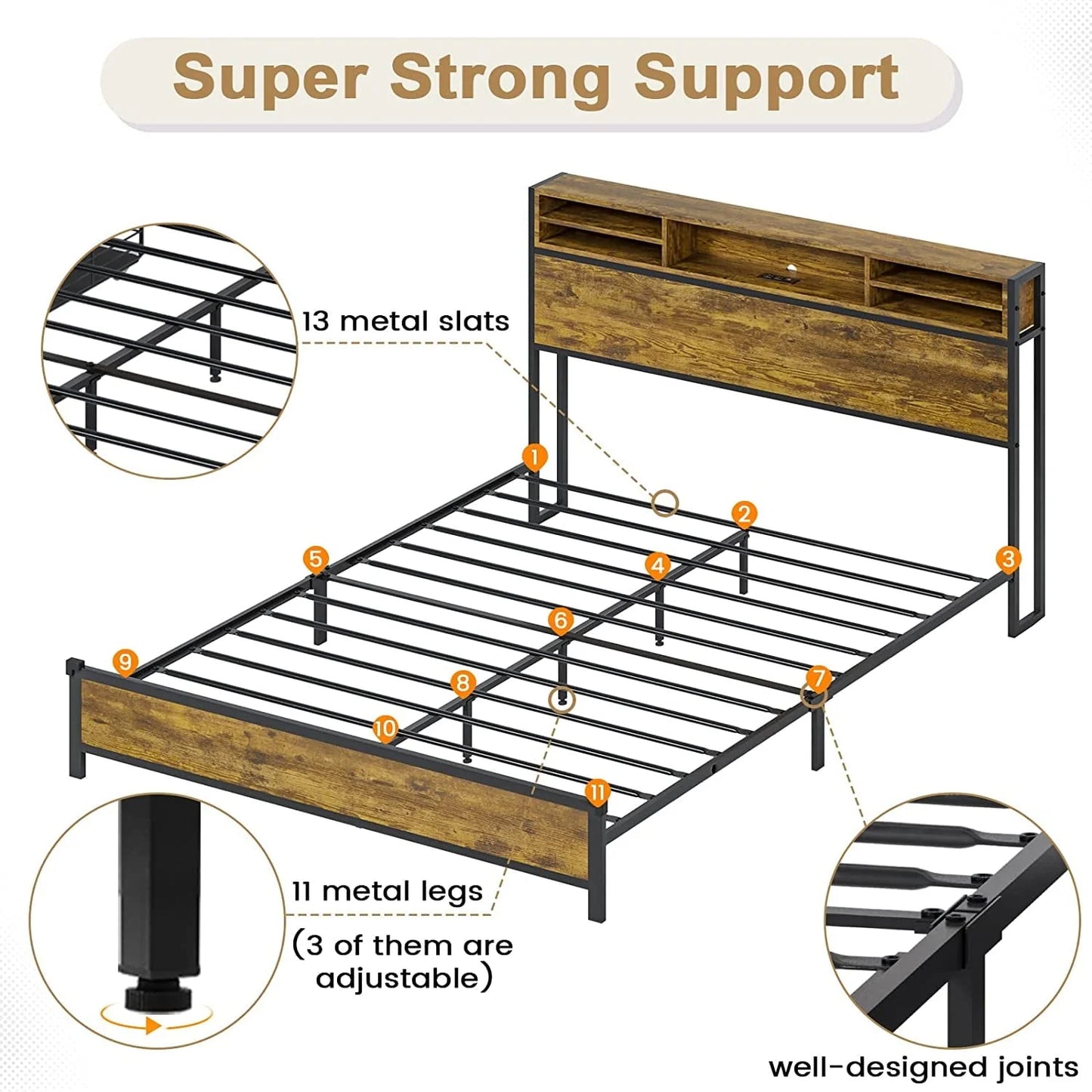 Full LED Bed Frame with Charging Station and Storage Headboard,Full Size Metal Platform Bed with LED Lights, Rustic Brown