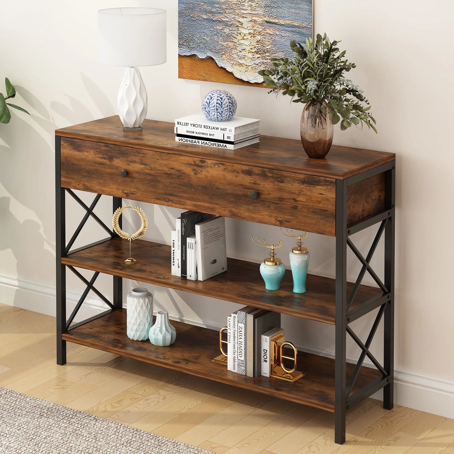 Ktaxon Industrial Console Table Sofa Table with Large Drawer and 2 Storage Shelves, Farmhouse Entryway Table for Living Room Hallway Bedroom, Rustic Brown