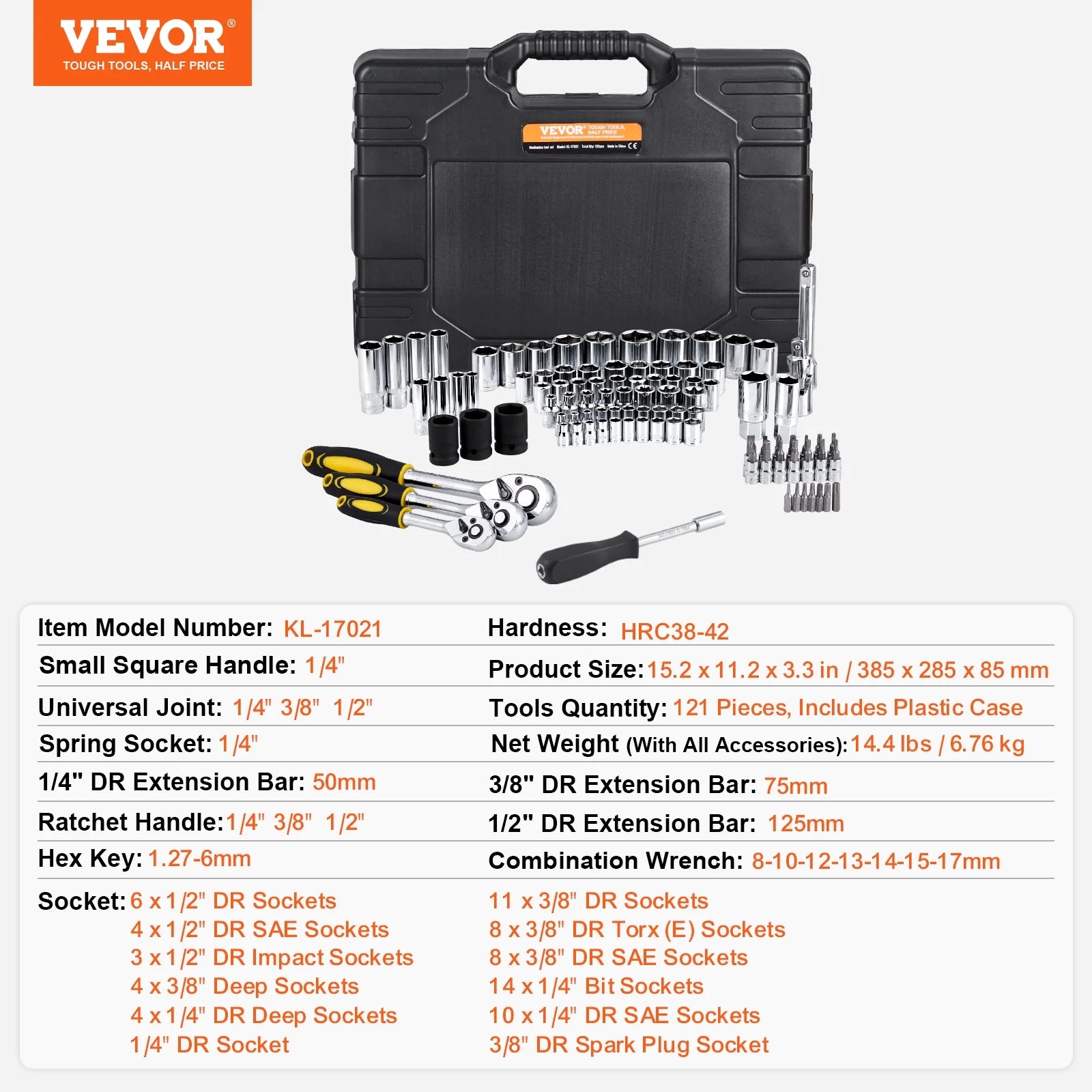 VEVOR 121-Piece Mechanics Tool Set, 1/4" 3/8" 1/2" Drive Sockets, SAE and Metric Mechanic Tool Kit with Bits, Wrenches, Ratchet Handle, Accessories, and Plastic Storage Case, for Automotive Repair