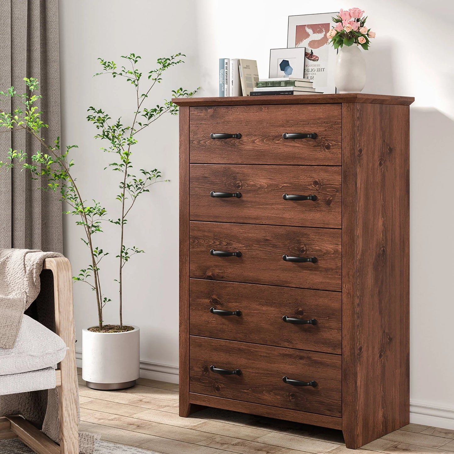 Costway 5 Drawer Chest Storage Dresser Tall Cabinet Organizer Bedroom Hallway Walnut