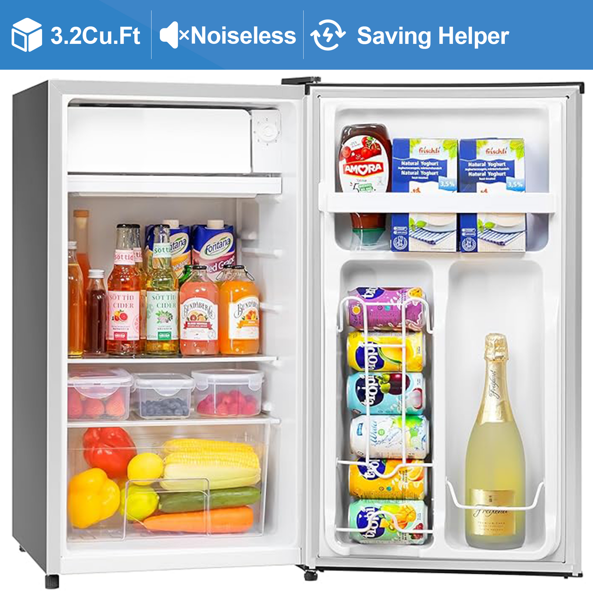 Manastin 3.5 Cu.Ft Mini Fridge with Freezer, Adjustable Thermostat, Low Noise, Removable Glass Shelves, 2 Door Small Refrigerator for Kitchen, Dorm, Office, Bedroom, Pearl White