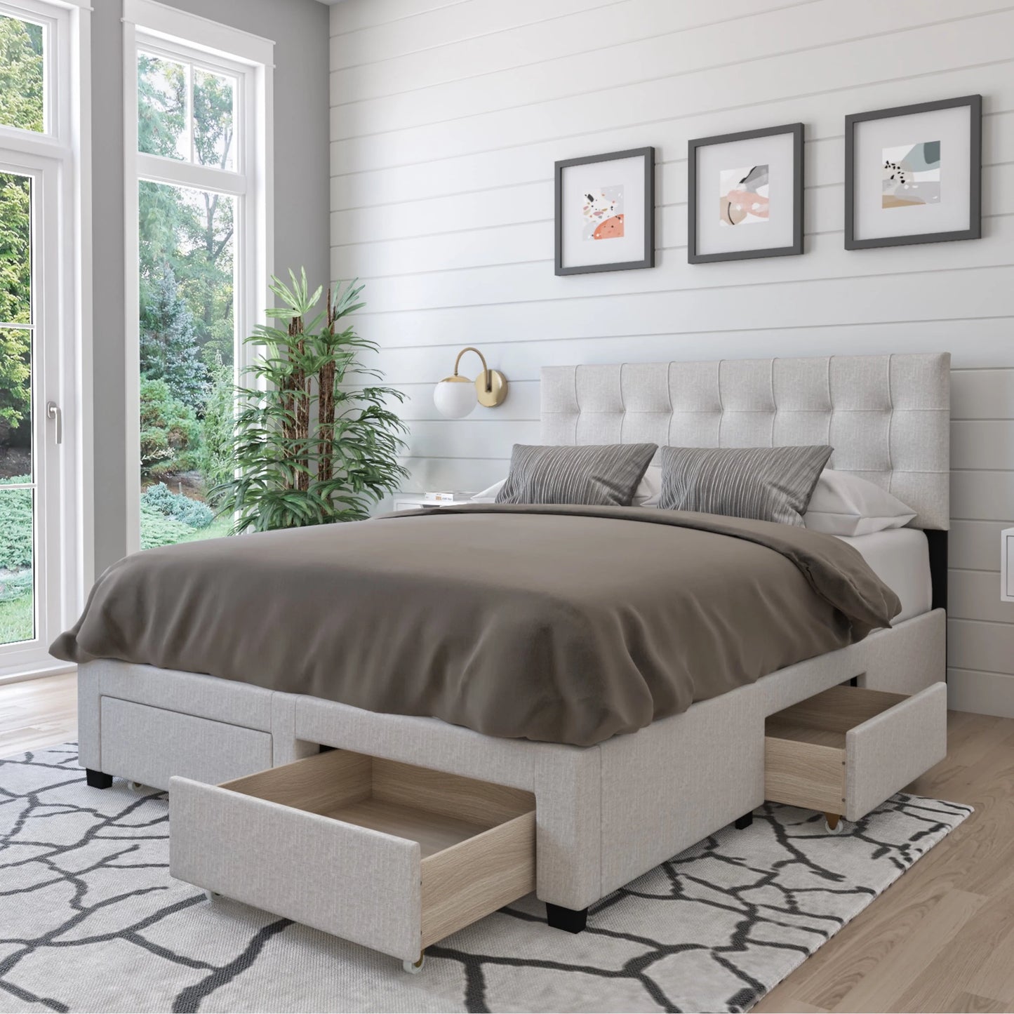DG Casa Benjamin Upholstered Platform Bed Frame with Storage Drawers Square Tufted Headboard and Full Wooden Slats, Box Spring Not Required - Queen Size in Grey Polyester Blend Fabric