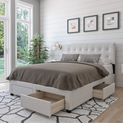 DG Casa Benjamin Upholstered Platform Bed Frame with Storage Drawers Square Tufted Headboard and Full Wooden Slats, Box Spring Not Required - Queen Size in Grey Polyester Blend Fabric