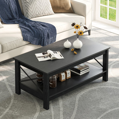 Dextrus Farmhouse Coffee Table with Open Storage Shelf, 2-Tier Thicken Wood Accent Cocktail Center Ends Table for Living Room Home Office, Black