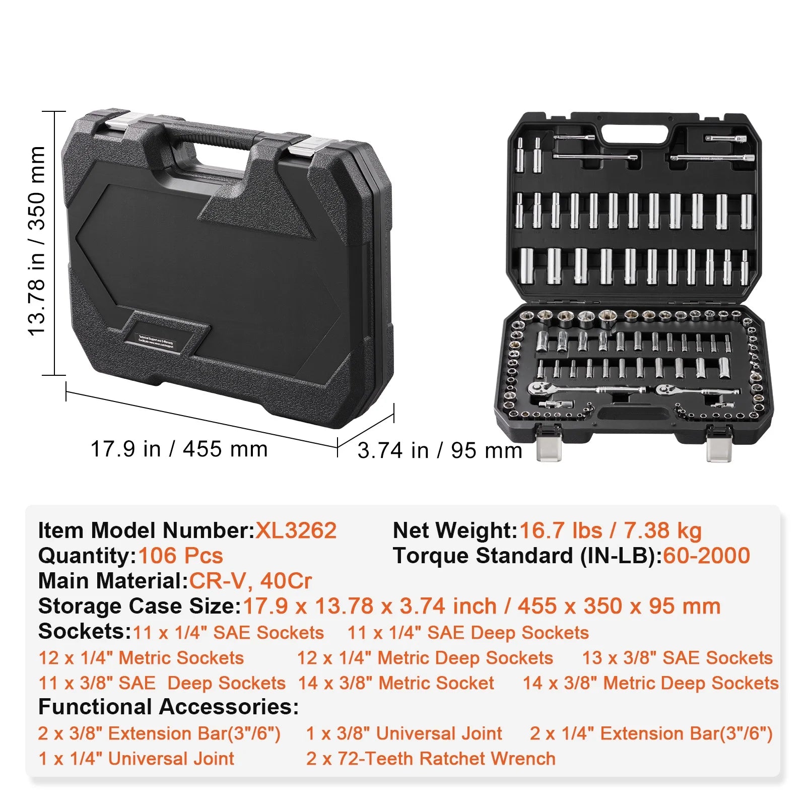 SKYSHALO Socket Set, 1/4" and 3/8" Drive Socket and Ratchet Set, 6-Point Socket Opening, 106 Pcs Tool Set SAE and Metric, Deep and Standard Sockets, 5/32-1 in, 5-19 mm for Auto Repairing & Household