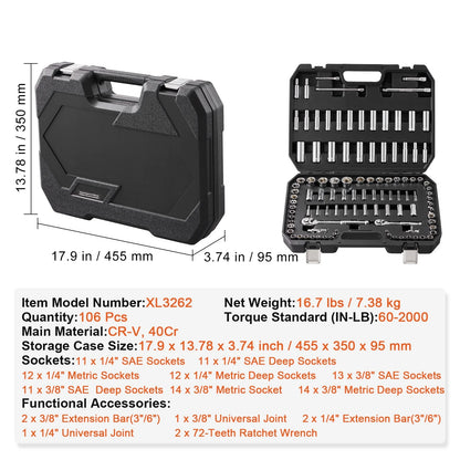 SKYSHALO Socket Set, 1/4" and 3/8" Drive Socket and Ratchet Set, 6-Point Socket Opening, 106 Pcs Tool Set SAE and Metric, Deep and Standard Sockets, 5/32-1 in, 5-19 mm for Auto Repairing & Household