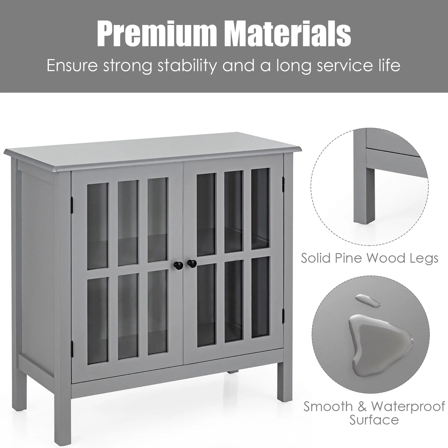 Costway Storage Buffet Cabinet Glass Door Sideboard Console Table Server Gray