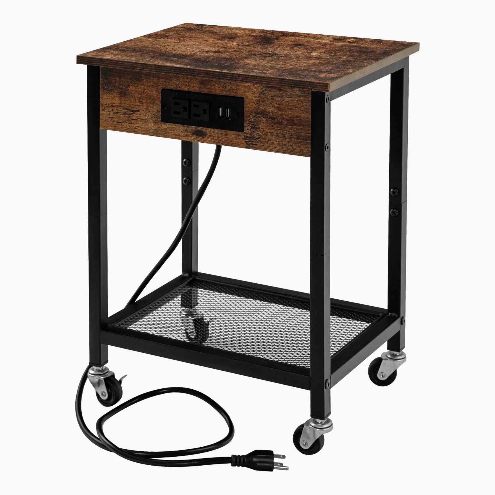 TC-HOMENY End Table with Charging Station & USB Ports, Side Table with Wheels & Storage Shelf Nightstand for Living Room Bedroom, Brown,Wood