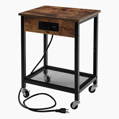 TC-HOMENY End Table with Charging Station & USB Ports, Side Table with Wheels & Storage Shelf Nightstand for Living Room Bedroom, Brown,Wood